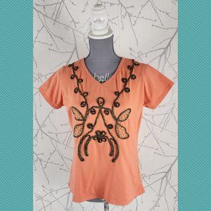 Custo Barcelona Orange Beaded Embroidered Cotton Tee